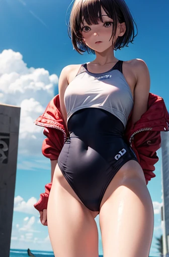 girl sunburn slender swimsuit short hair drooping eyes