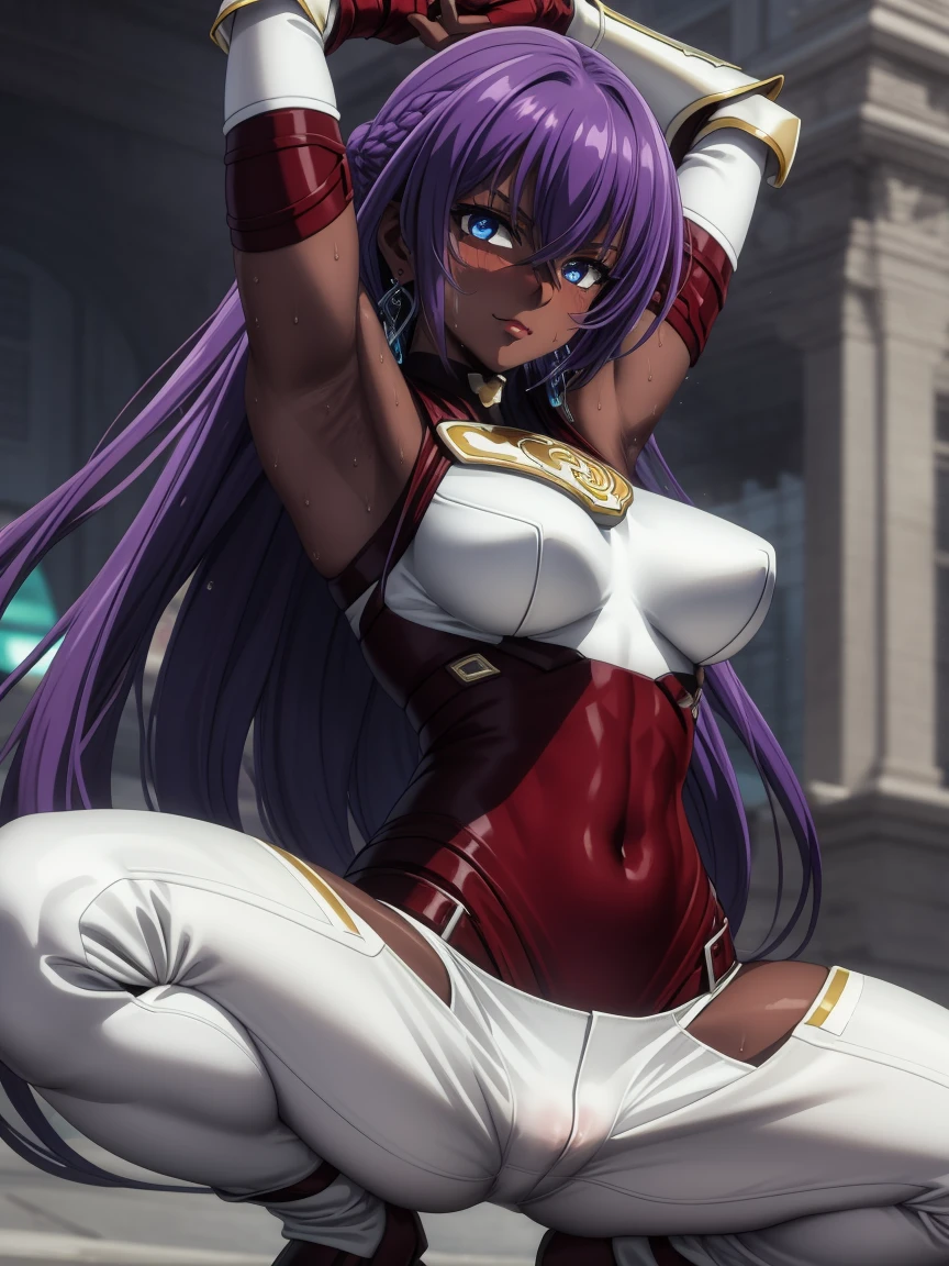 masterpiece, nsfw, perfect lighting, ultra_detailed,  ((1girl)), ((dark skin)), smug, squatting, muscular female, abs, muscle, smug, ArthurPgon, 1girl, purple hair, long hair, bangs, hair between eyes, blue eyes, jewelry, earrings, lips, medium breasts, (armor), bare shoulders, red gloves, fingerless gloves, hip vent, clothing cutout, (pants), arms raised, armpits, armpit crease, armpit focus, ((close up on armpit)), spread armpit, armpit fetish, sweaty armpit, looking at viewer, detailed face, 