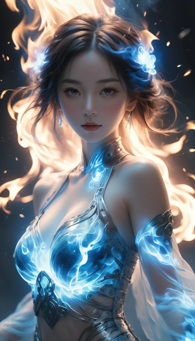 (fire element:1.1),Composed of fire elements,(1个Giant Breast Girl:1.2),on fire,transparency,hot,(molten rock),Flame skin,Flame print,hot hair,smokes,Cloud,felling,,a girl wrapped in flames, Flames rise and sparkle,burning hands,Translucent glow,Highly realistic,beautiful pose,transparency,Sci-fi light effects,(Luminous circuit board:1.6),Long blue,