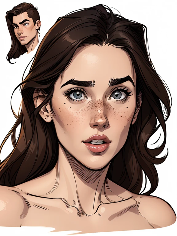 Character style illustration style completely naked breasts showing big fear breast size Cartoon name: Isabella Cruz white background medium breasts freckled face Jennifer Connelly actress strong contours Physical description - long straight hair, tingidos de um marrom vibrante que contrasta com sua pele clara.
- You reflect a mix of curiosity and determination.
- Ela tem uma estatura alta, with a slender and agile figure, evidenciando sua agilidade e destreza.
-fundo colorido
Design de personagens de retrato, beautiful digital illustration, retrato de alta qualidade, Arte em quadrinhos, Corpo inteiro sensualizando ou pelada. folha de retorno. Turnaround sheet
