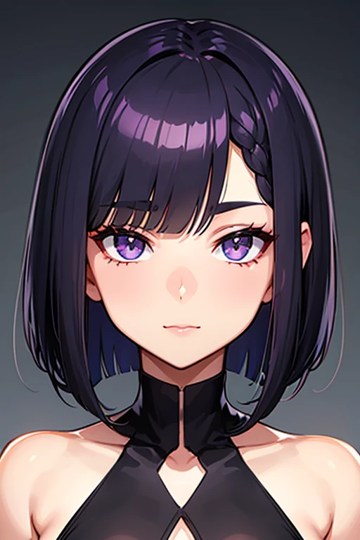 Anime-style portrait of a girl with a dark violet bob cut making eye contact with the camera, bright eyes, baby-faced, subtle smile, minimalistic background to emphasize character, high contrast, clean lines, digital painting, vivid colors, The girl wears her hair in a bob cut, cut at the jawline. Her hair is dark purple and her fringes are parted just in the middle of her forehead, barely peeking over her eyebrows. Other short hair frames the face on either side of the fringe, reaching just above the eyes, and the hair on the sides is clipped above the ears. The hair on top has slight volume and forms an overall rounded silhouette. The texture of the hair is smooth, shiny and lively. The ends of the hair are lightly styled inwards.