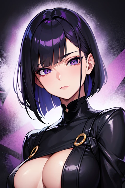 Anime-style portrait of a girl with a dark violet bob cut making eye contact with the camera, bright eyes, -facebtle smile, minimalistic background to emphasize character, high contrast, clean lines, digital painting, vivid colors, The girl wears her hair in a bob cut, cut at the jawline. Her hair is dark purple and her fringes are parted just in the middle of her forehead, barely peeking over her eyebrows. Other short hair frames the face on either side of the fringe, reaching just above the eyes, and the hair on the sides is clipped above the ears. The hair on top has slight volume and forms an overall rounded silhouette. The texture of the hair is smooth, shiny and lively. The ends of the hair are lightly styled inwards.
