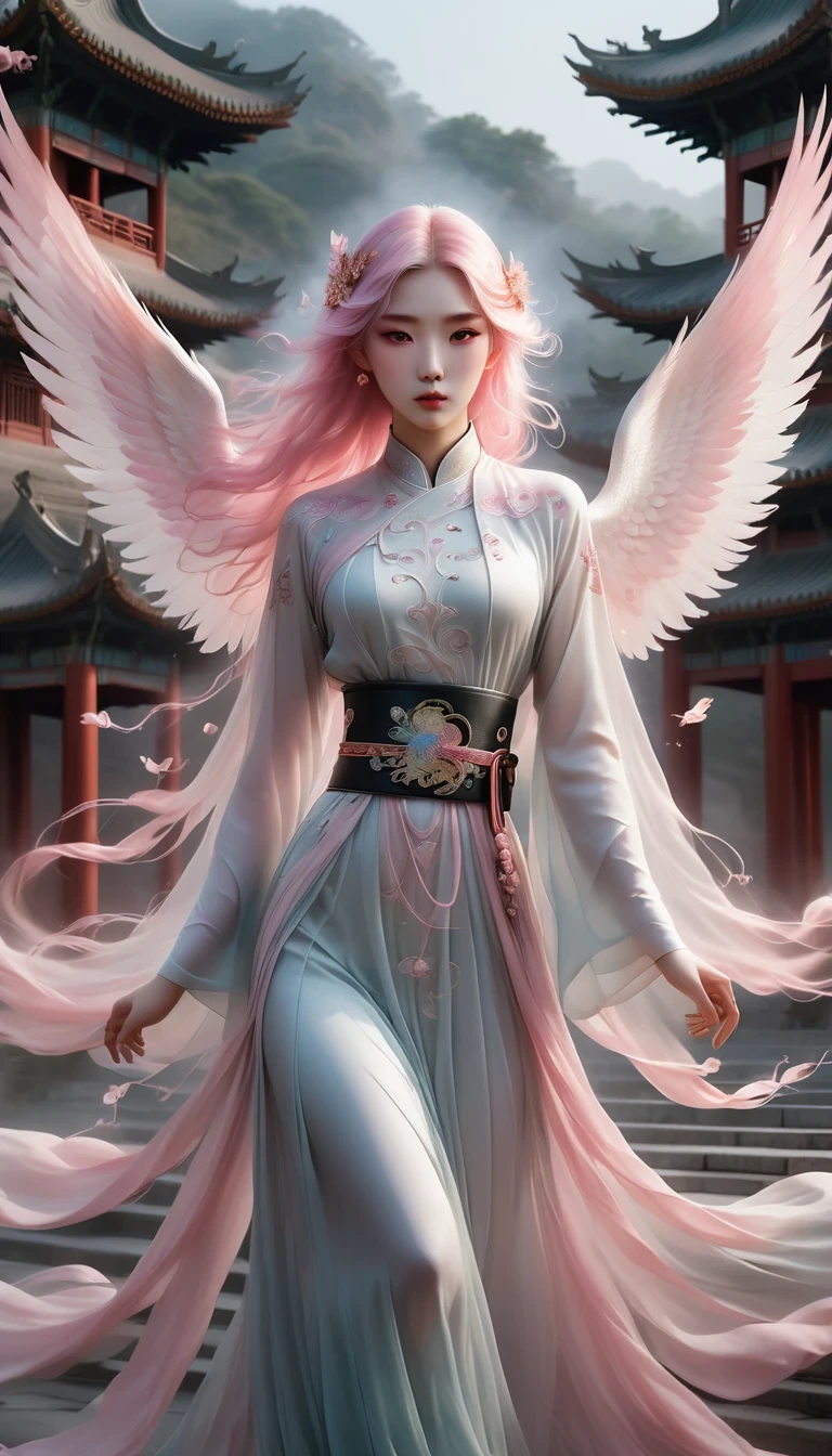 surreal, Very detailed, and a high resolution 16k image of a young man, Beautiful female ghost or guardian angel. She has light pink hair and translucent skin, Wearing Chinese Hanfu，Phoenix pattern on the belt. The image captures the ethereal beauty and mystery of the world. Style inspired by sophistication, The Soft Aesthetics of Traditional Chinese Art.