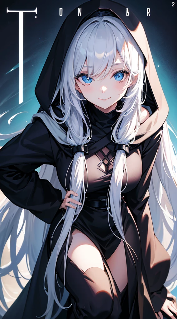 Cover magazine, anime. A young woman with long white hair and blue eyes. Wearing all black clothes. Wearing a long black robe and a hood covering her head. A mysterious impression. She was smiling brightly.