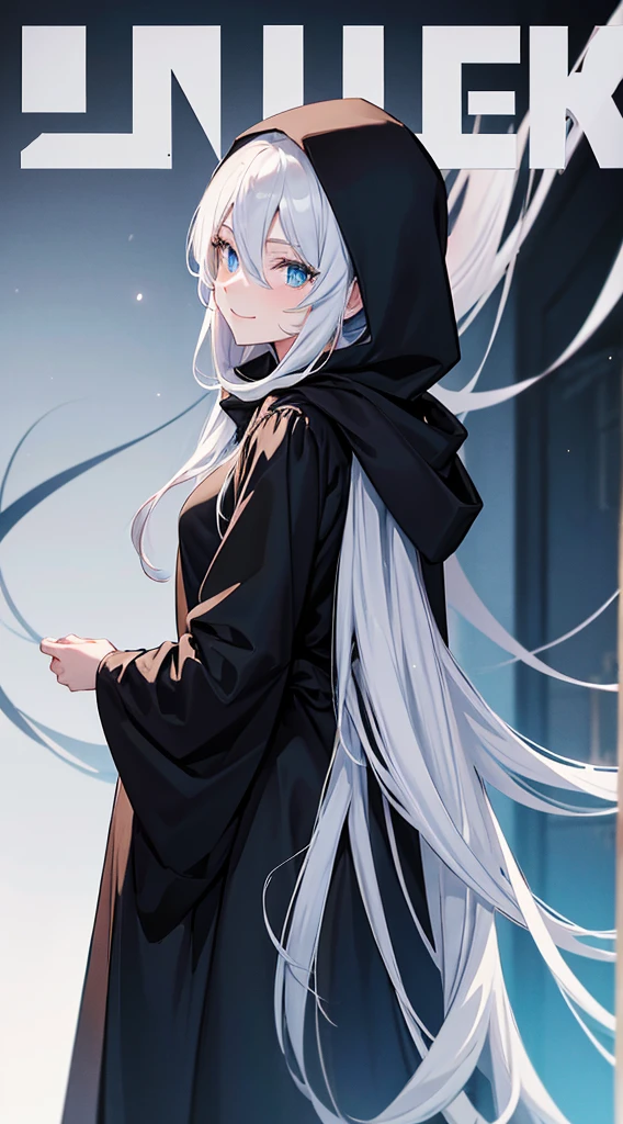 Cover magazine, anime. A young woman with long white hair and blue eyes. Wearing all black clothes. Wearing a long black robe and a hood covering her head. A mysterious impression. She was smiling brightly.