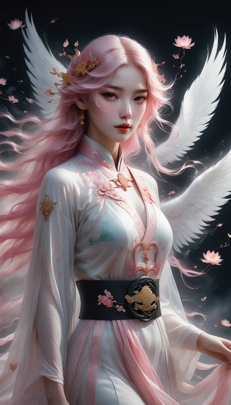 surreal, Very detailed, and a high resolution 16k image of a young man, Beautiful female ghost or guardian angel. She has light pink hair and translucent skin, Wearing Chinese Hanfu,Phoenix pattern on the belt. The image captures the ethereal beauty and mystery of the world. Style inspired by sophistication, The Soft Aesthetics of Traditional Chinese Art.