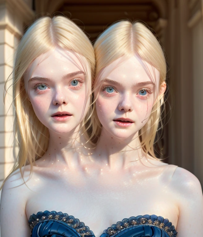 two women with blonde hair and blue eyes posing for a picture, beautiful gemini twins, beautiful gemini twins portrait, elle fanning), similar to malfoy, dakota fanning, elle fanning, sisters, pale fair skin!!, with a twin, taken in the early 2020s, merge, siamese twins