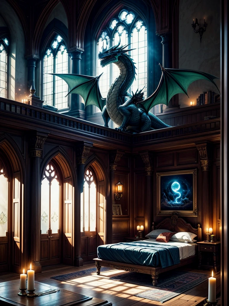 wizard chamber interior, wizard bed room with warm colours and red curtains and one big window on the back, glowing magical weapons at the wall, , a dragon head hanging on the wall, magical flask, blue afternoon light shining through medieval window in to the room, fantasy room, wizard study room, weapons at the wall, magical book shelfs, fantasy painting, fantasy colouring, mystic magic athmosphere, glowing objects and candles, glowing particles