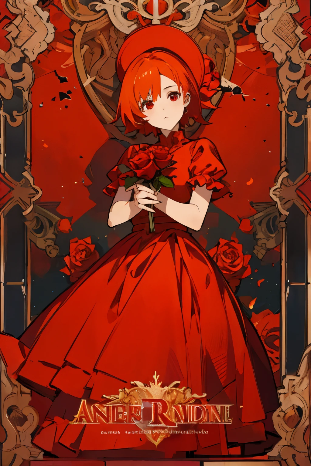 A woman with orange hair and red eyes wearing a red dress and a rose in her hands