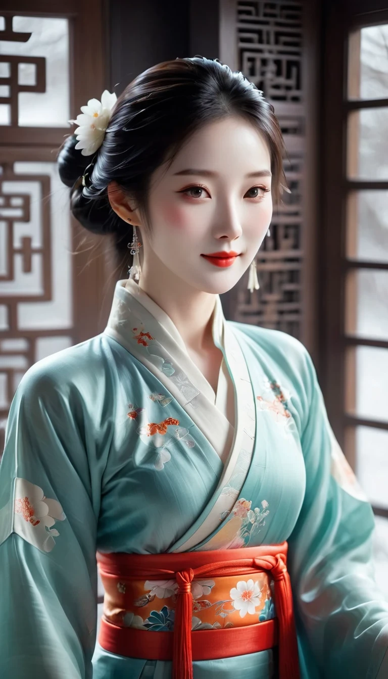 Elegant and intellectual Chinese classical women, Wearing a bellyband, stand at the door,with a smile on face, Her skin is more radiant than snow, Her eyes are like clear water. There is a light bookish smell.