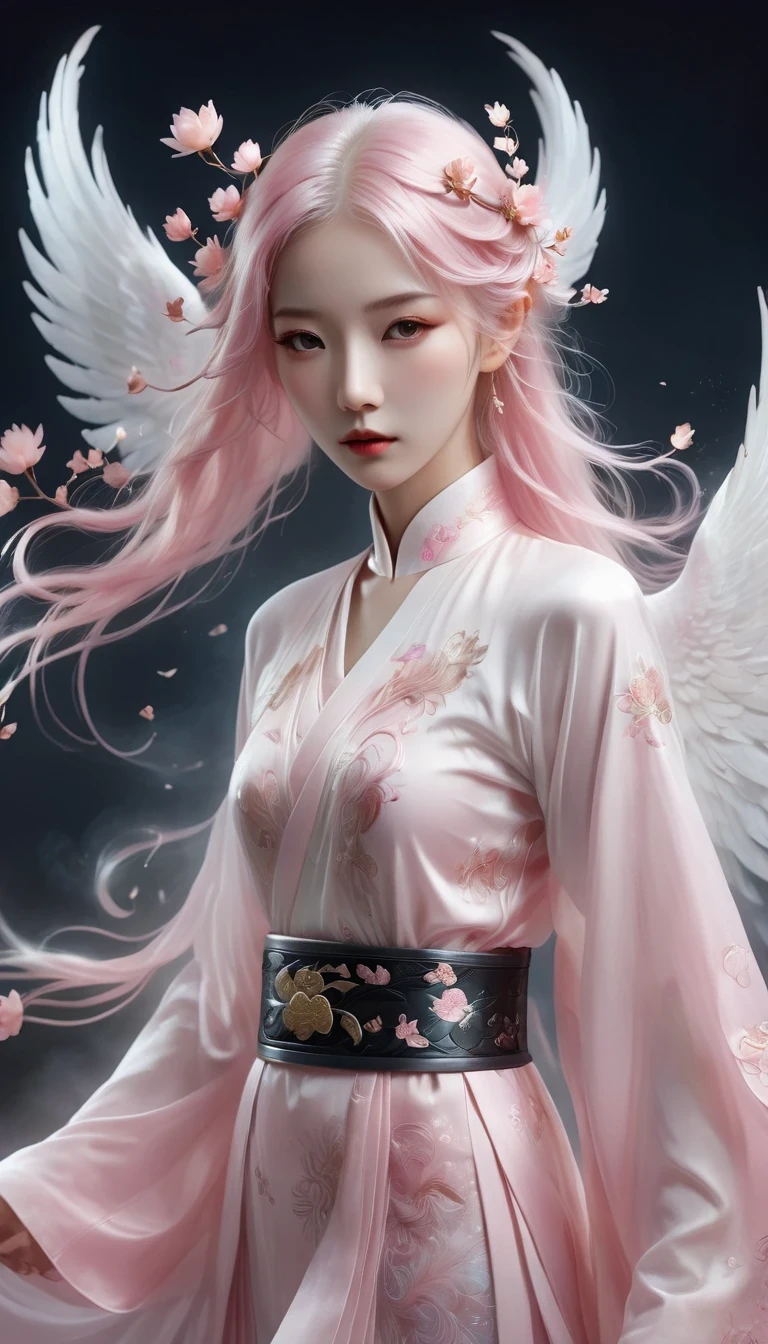 surreal, Very detailed, and a high resolution 16k image of a young man, Beautiful female ghost or guardian angel. She has light pink hair and translucent skin, Wearing Chinese Hanfu,Phoenix pattern on the belt. The image captures the ethereal beauty and mystery of the world. Style inspired by sophistication, The Soft Aesthetics of Traditional Chinese Art.