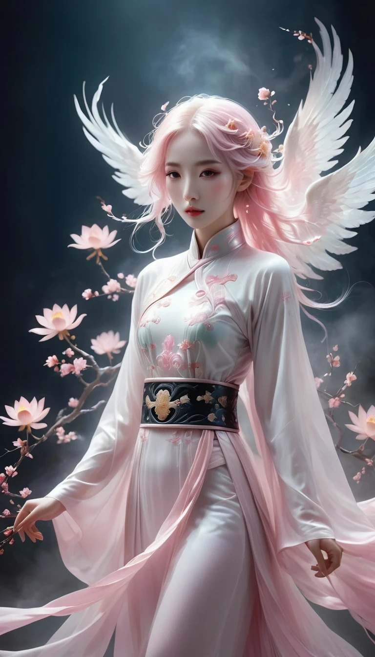 surreal, Very detailed, and a high resolution 16k image of a young man, Beautiful female ghost or guardian angel. She has light pink hair and translucent skin, Wearing Chinese Hanfu,Phoenix pattern on the belt. The image captures the ethereal beauty and mystery of the world. Style inspired by sophistication, The Soft Aesthetics of Traditional Chinese Art.
