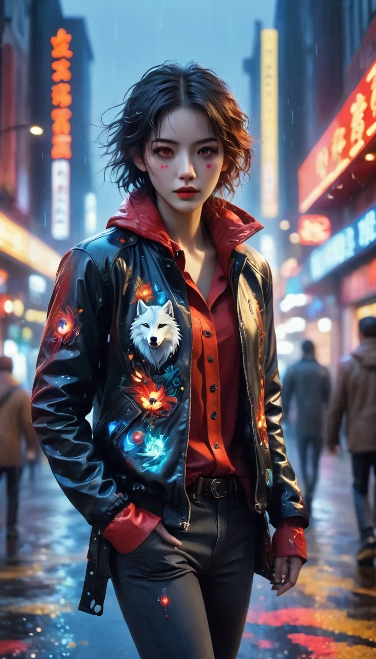 (better details, high quality), furry wolf, Walking through the city, (night, bright lights, city environment), (dynamic framing, intense expression, messy hair), (bright red eyes, detail jacket), (Colored spots, wet street), (Focus on the wolf&#39;s head), (Bright focus on the eyes).