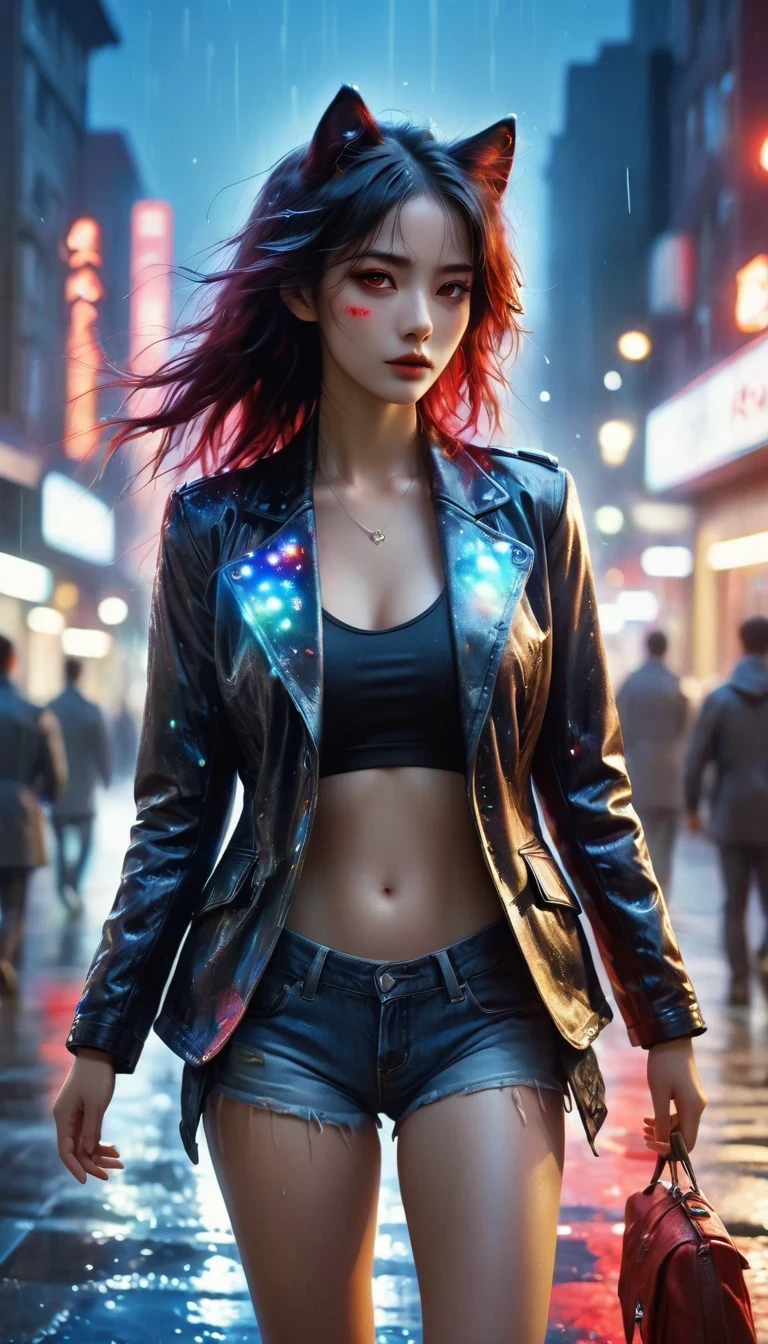 (better details, high quality), furry wolf, Walking through the city, (night, bright lights, city environment), (dynamic framing, intense expression, messy hair), (bright red eyes, detail jacket), (Colored spots, wet street), (Focus on the wolf&#39;s head), (Bright focus on the eyes).