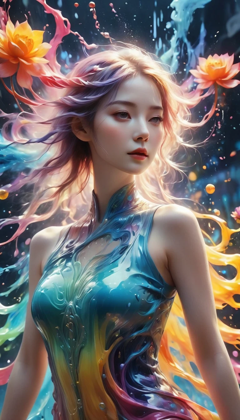 (((photographic, photo, photogenic))), extremely high quality high detail RAW color photo, Woman in dynamic pose, Brightly painted face, Fluid landscape and morphological fusion, Glowing 3D objects interact with graphics, Super detailed illustrations, The feeling of melting runs through the entire composition, Flat but expressive artistic approach, Glow Aesthetics, whole body capture, Glowing Texture, glowing accents, vivid color palette, Encapsulating energy and motion, Mobility and light dynamics, Striking visual contrast, A clever fusion of characters and abstract elements ,
