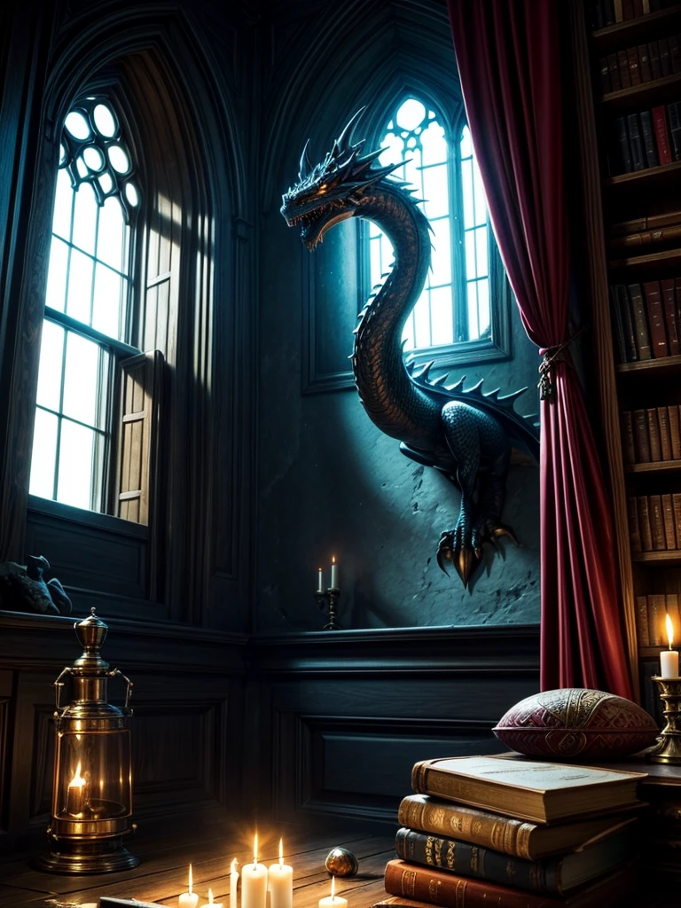 wizard chamber interior, wizard bed room with warm colours and red curtains and one big window on the back, glowing magical weapons at the wall, , a dragon head hanging on the wall, magical flask, blue afternoon light shining through medieval window in to the room, fantasy room, wizard study room, weapons at the wall, magical book shelfs, fantasy painting, fantasy colouring, mystic magic athmosphere, glowing objects and candles, glowing particles
