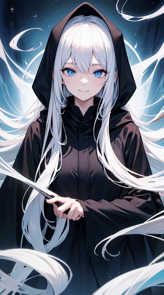 Cover magazine, anime. A young woman with long white hair and blue eyes. Wearing all black clothes. Wearing a long black robe and a hood covering her head. A mysterious impression. She was smiling brightly.