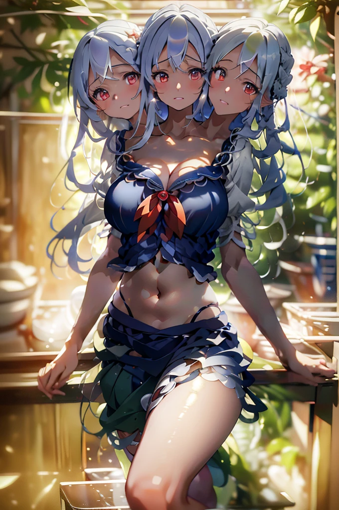 (masterpiece, best quality), best quality, (ultra-detailed), (3heads:1.5), 1girl, (kamishirasawa keine:1.3), masterpiece, best quality, ultra quality, ultra resolution, ultra detail, dark blue and white top, crop top, ((stomach)), midriff, ((groin)), dark blue skirt, normal ears, shackles, silver hair hair, very long hair, wavy hair, sidelocks, brown eyes, parted lips, single horn, sweat, cute, toned belly, hand on own chest, eyelashes, (25 year old woman:1.3), (masterpiece:1.5), (best quality:1.5), (beautiful detailed), extremely detailed CG, extremely delicate and beautiful, depth of field, (finely detailed face), (perfect details:1.2), (mature female:1.3), wide pelvis, slender, large veiny breast, 16k resolution, highres, very high quality, very high definition, extremely detailed, masterpiece, silver hair, long hair, alluring presence, braid, short skirt, close up, big tits, young, red ribbon,