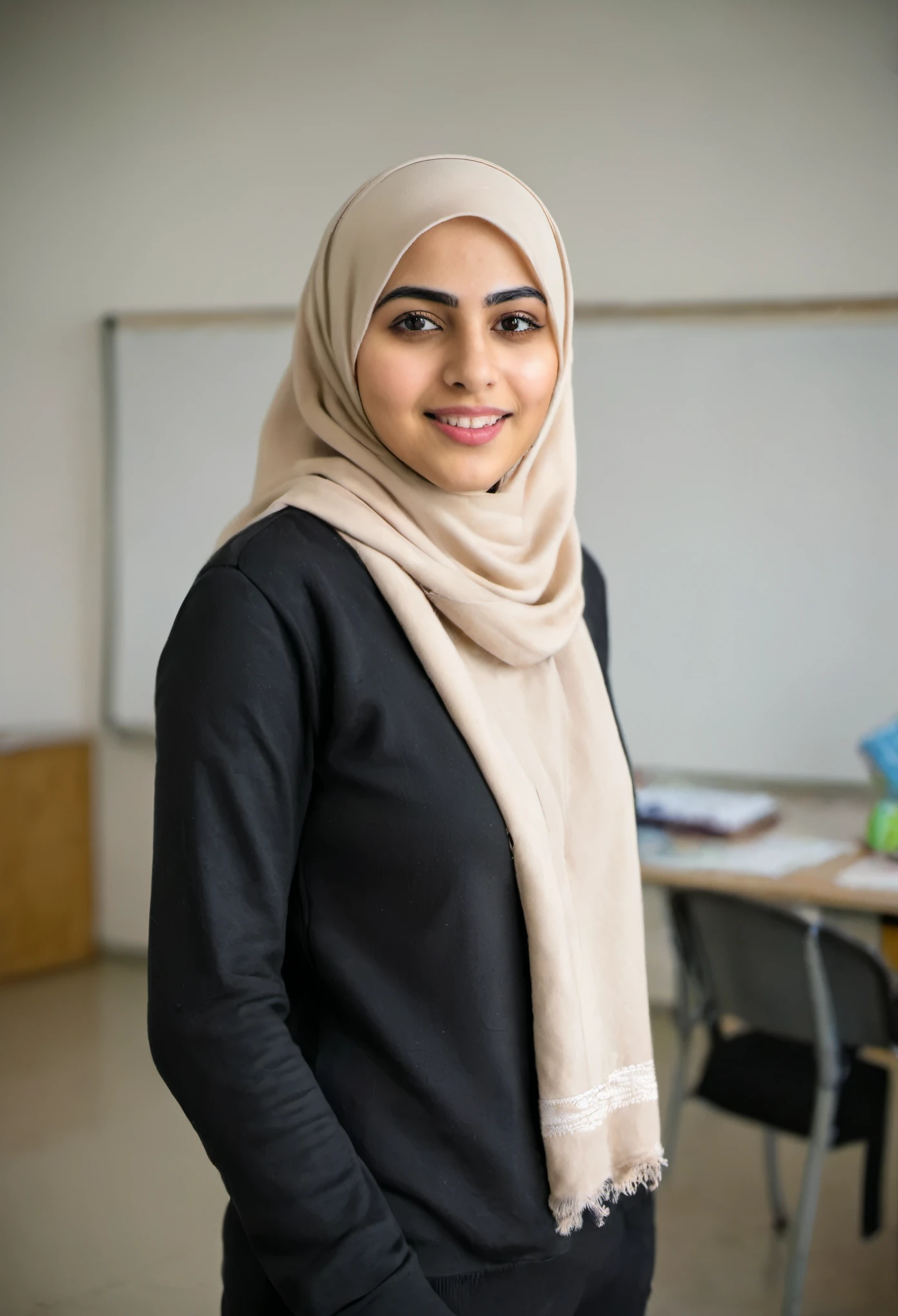 Esra bilgiç girl in black straight hijab in sweatshirt standing in classroom pant portrait headshot portrait realistic photo headshot