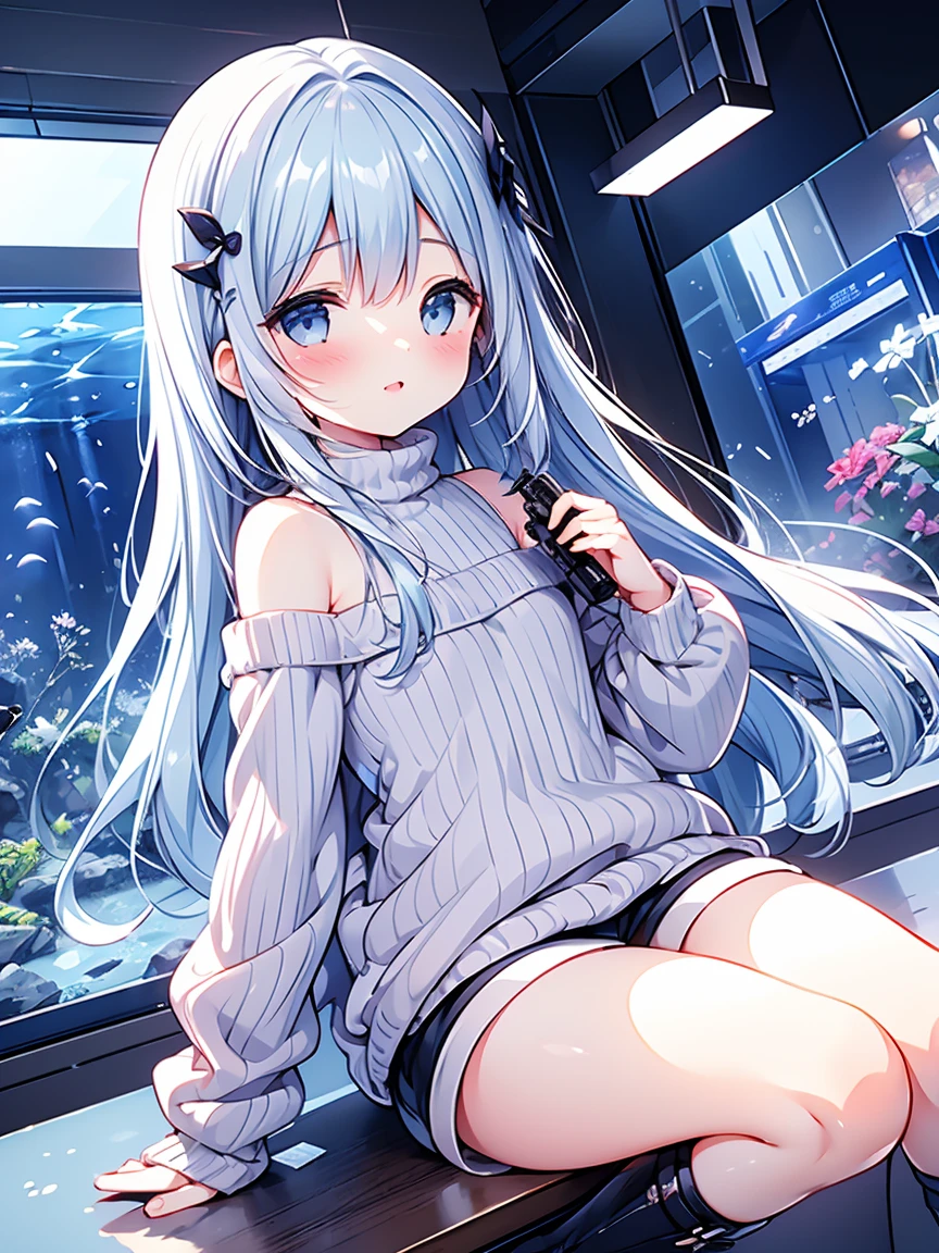 masterpiece, best quality, extremely detailed, (illustration, official art: 1.1), 1 girl, ((light blue long hair))), light blue hair, , long hair ((blush)), cute face, big eyes, masterpiece, best quality, ((a very delicate and beautiful girl))))), amazing, beautiful detailed eyes, blunt bangs ((((little delicate girl)))), tareme, long hair cute anime faces, detailed light, parted lips, shiny, beautiful detailed face, long hair, pale long hair, smile, looking at viewer, jewelry, lips,
(best quality, masterpiece:1.2) 1girl,(1) girl is squatting down and looking at the aquarium.
(3) The woman is wearing a turtleneck knit, Mini skirt and long boots.smile.
(5) The place is an aquarium.
(ribbed sweater :1.3), off-the-shoulder sweater, (short shorts:1.2), bare shoulders,((dark skin:0.8)), Beautiful eyes, (disheveled hair), photography, over-the-shoulder shot, Direction : Alex Maleev, professional, Camera Canon, nikon camera, sharp, Bokeh, studio quality, fisheye lens,