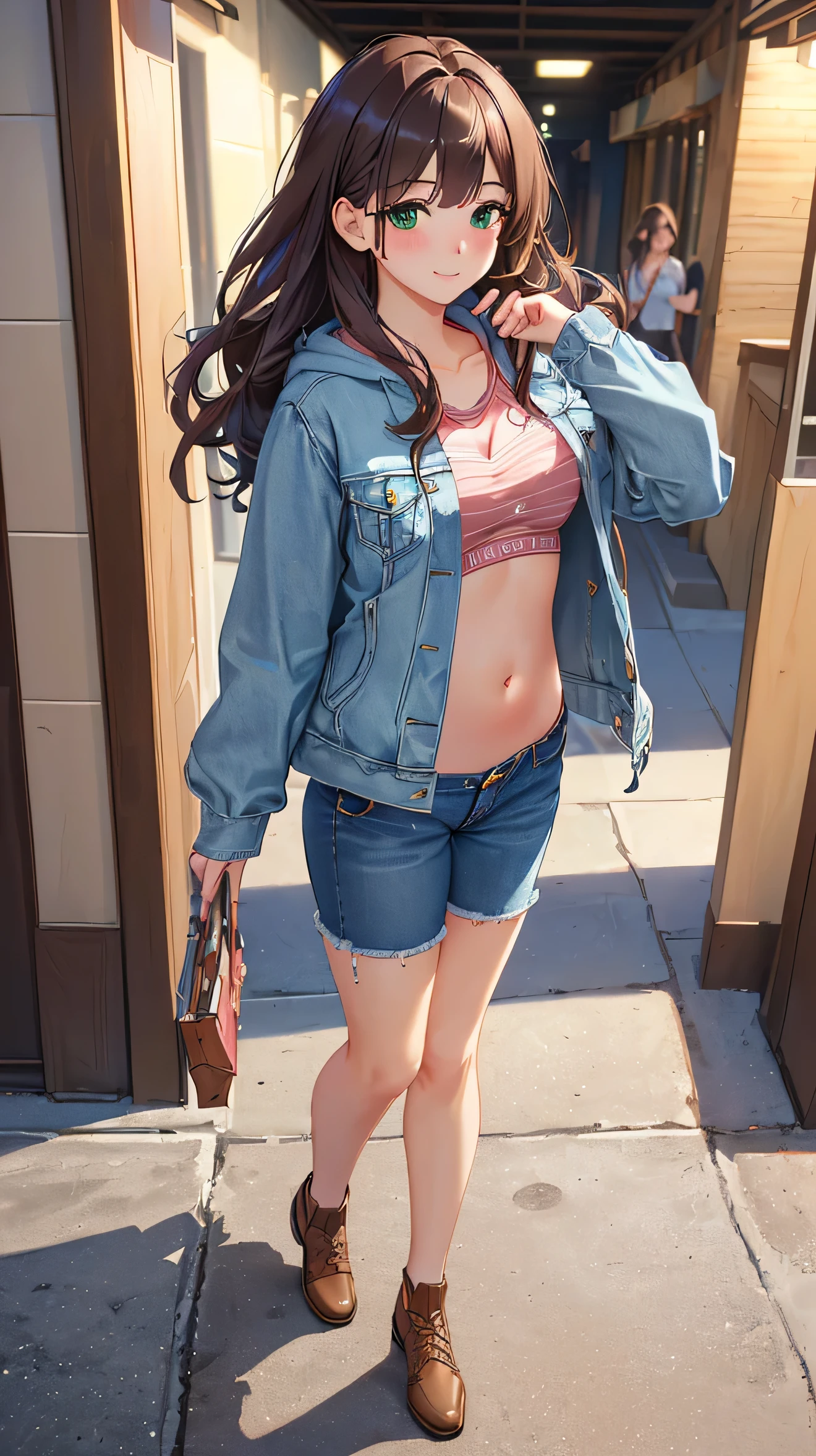 ((masterpiece, highest quality, High resolution, UHD, perfect pixel, Depth of the bounds written, 4k, RTX, HDR))), 1 girl, single, alone, beautiful anime girl, beautiful art style, anime character, ((long hair, bangs, brown hair, curly hair:0.8)), ((green eyes:1.4, round eyes, beautiful eyelashes, realistic eyes)), ((detailed face, blush:1.2)), ((smooth texture:0.75, realistic texture:0.65, realistic:1.1, Anime CG style)), medium breasts, dynamic angle, perfect body, ((portrait, throw)), ((, Denim Jacket.hoodie,short denim pants,Belly flash)), smile, amusement park