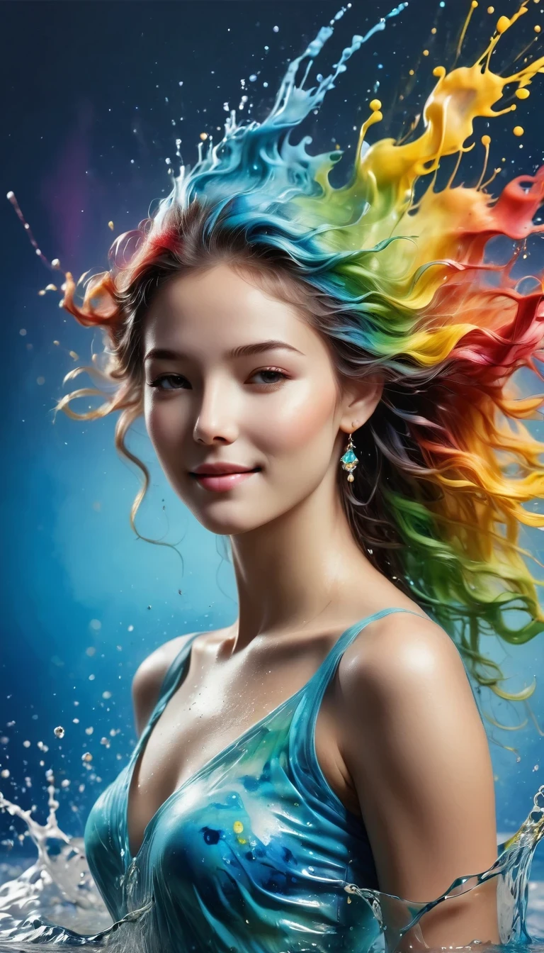 Expressing the flow of ink dancing in the wind,water effect,Colorful water,goddess:The Art of Governance:Manipulating water:rich hair:sleep:perfect face:fair:17 years old:healthy,ink splatter,flash,bright coloring,light reflection,colorful,Abstract,3d,8K,High resolution,masterpiece,high quality,detailed details,The colors of the rainbow,smile naughtily,tricky,design,pleasure,bright colors,Splashing water,Invite you into the world of art,outstanding,dim background