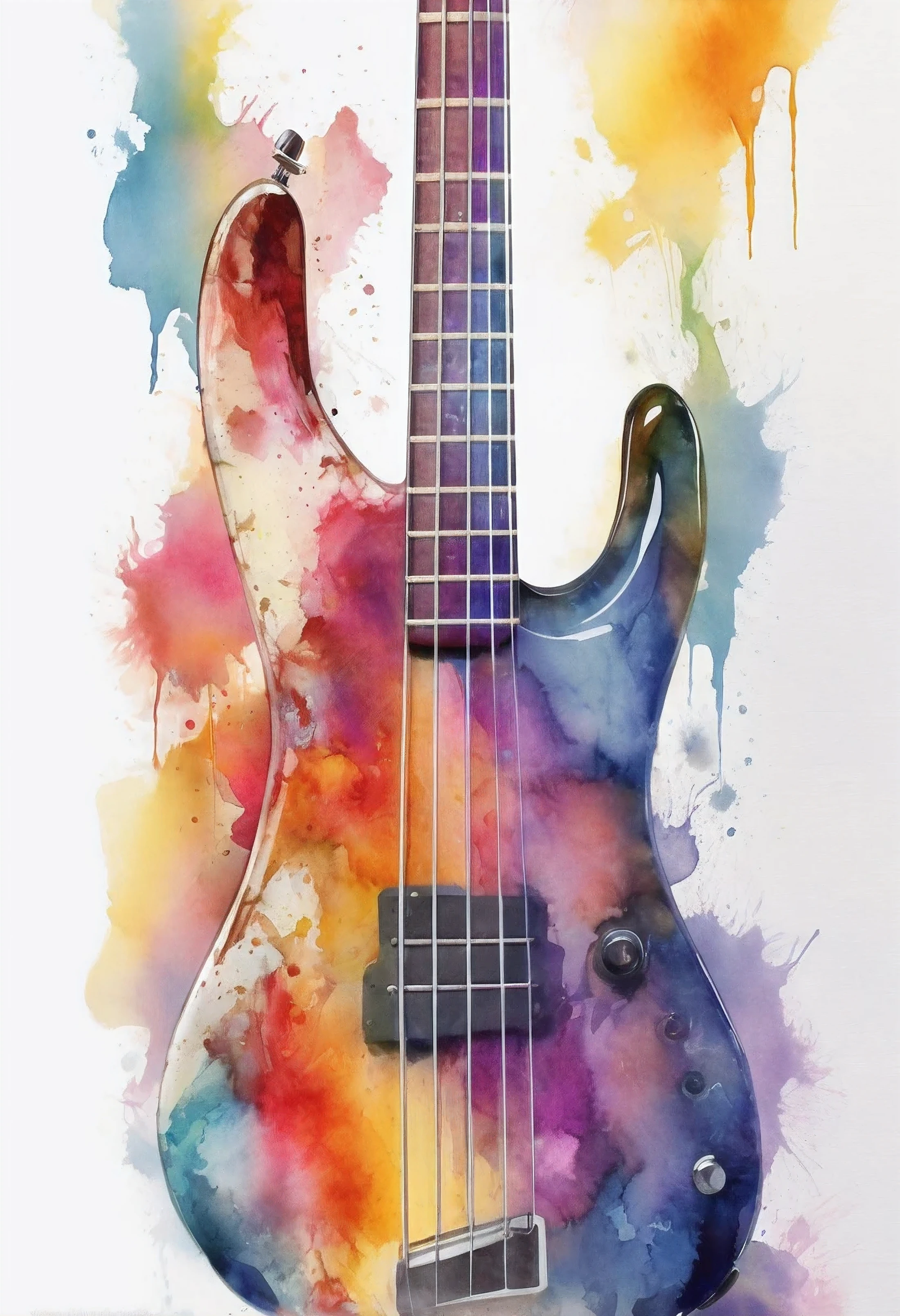 painting of a bass guitar with a colorful background, electric guitar, bass music, bassist, artistic illustration, watercolor digital painting, guitar concept art, digital watercolor, detailed artwork, music poster, watercolor style, painted in bright water colors, music instruments, watercolor artstyle, musical instrument, watercolor masterpiece, 🎨🖌️, colorful watercolor painting, jamming to music