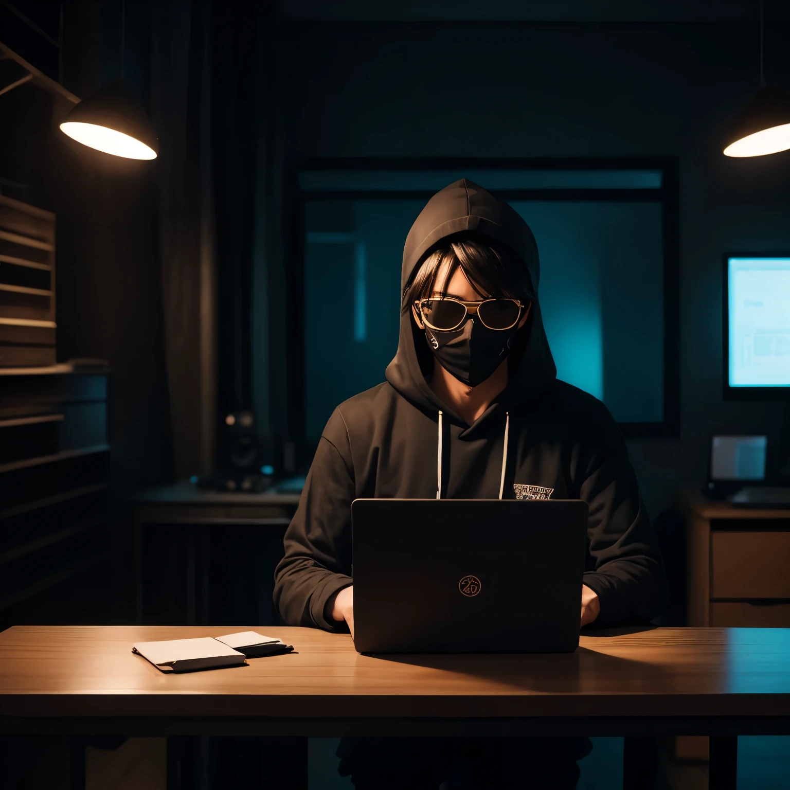 Anime friendly looking male business character is wearing a face mask, hoodie and sunglasses. He is sitting behind his laptop in his studio, arms on his desk. It is night. The room is minimalistic. He is front facing to the camera, looking straight and centered, central portrait, sitting straight, front view, centered looking straight. The overall ambiance of the image should convey a connection to minimalism, flat illustration, bold line, minimalism, simplified, gouache illustration. 8k resolution”