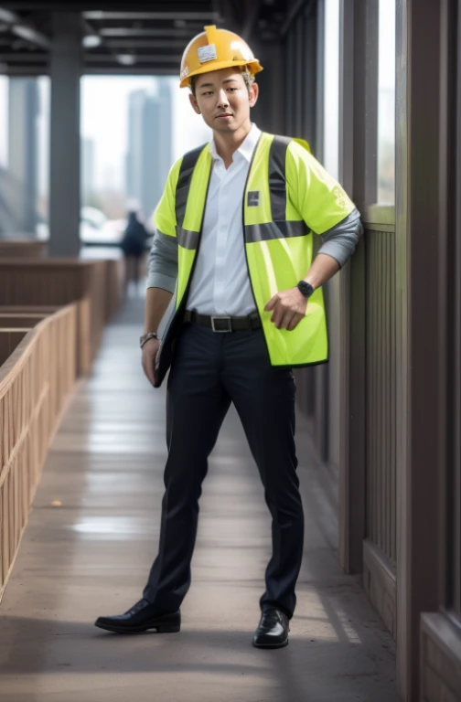 Man working at construction site、Only the head is shown from the waist、Handsome Japan Man、Wearing a safety helmet