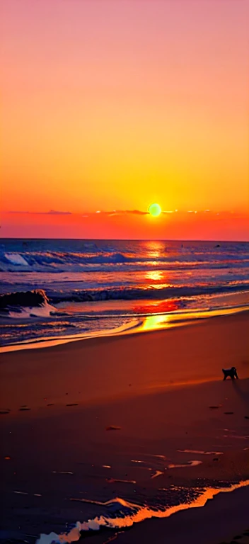 sunset over a sandy beach with a lone horse in the distance, on the beach during sunset, sunset at the beach, sunset at the beach, on the beach at sunset, na praia at sunset, que mostra uma praia at sunset, na praia at sunset, The most beautiful sunset, relaxing na praia at sunset, at sunset