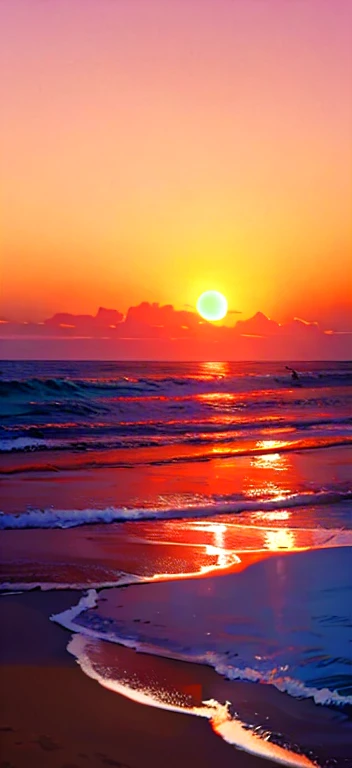 sunset over a sandy beach with a lone horse in the distance, on the beach during sunset, sunset at the beach, sunset at the beach, on the beach at sunset, na praia at sunset, que mostra uma praia at sunset, na praia at sunset, The most beautiful sunset, relaxing na praia at sunset, at sunset