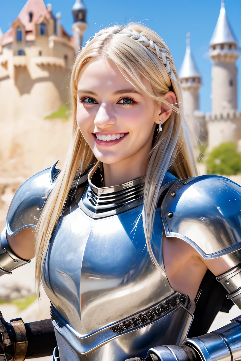 ８Ｋ、highest quality、female knight、The background is a castle、Luxurious Silver Armor、heavy equipment、hairstyle shortcut、smile、beautiful teeth、full body photo、ear piercing、blonde、white woman、blue eyes、hair band


