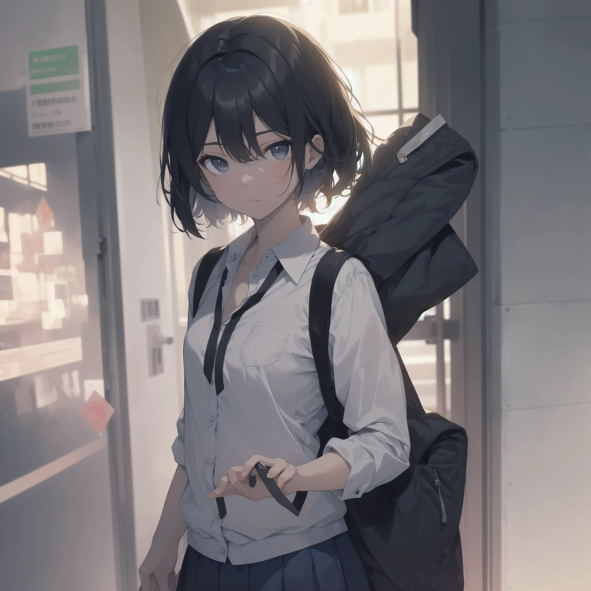 ultra-absurdres-Top quality by artist God, ultra-detailed, high resolution, anime moe artstyle, best anime 8k konachan wallpaper, pixiv contest winner, perfect anatomy,break, 1girl, (Please draw a girl walking sleepily to school alone. )break,(Solo,little female, 13-year-old:1.3),Full limbs, complete fingers,a junior high school student, Attractiveness of immature bodies, (very short hair), short cut, flat chest, , small butt, small black eyes, beautiful detailed eyes, well-proportioned iris and pupils, expressive eyes, highres detailed hair, soft expression, school_uniform, white shirt, pleated skirt,(Detailed Lighting), (Detailed background), in the School commute route. break,super detailed skin, Best cinematic lighting powered by famous artist, 8k,beauty illustration,photoshop_(medium),very aesthetic,break,((artist:fujiyama )), artist:akinashi_yuu ,artist:oyari_ashito ,artist:kantoku ,
