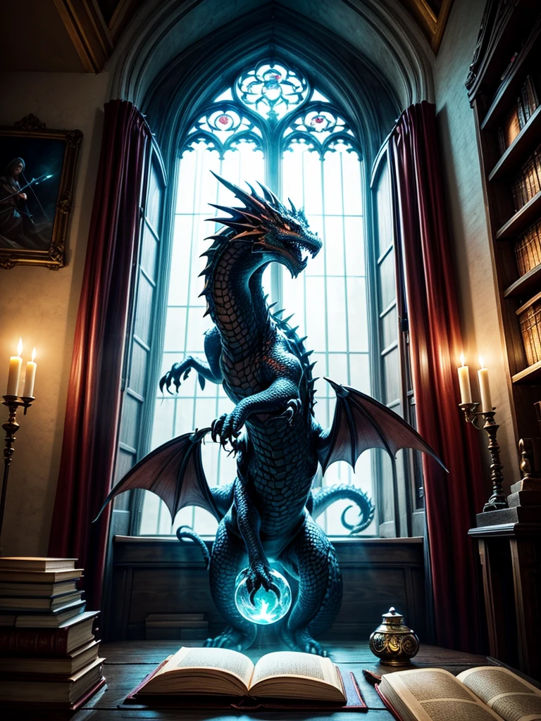 wizard chamber interior, wizard bed room with warm colours and red curtains and one big window on the back, glowing magical weapons at the wall, , a dragon head hanging on the wall, magical flask, blue afternoon light shining through medieval window in to the room, fantasy room, wizard study room, weapons at the wall, magical book shelfs, fantasy painting, fantasy colouring, mystic magic athmosphere, glowing objects and candles, glowing particles
