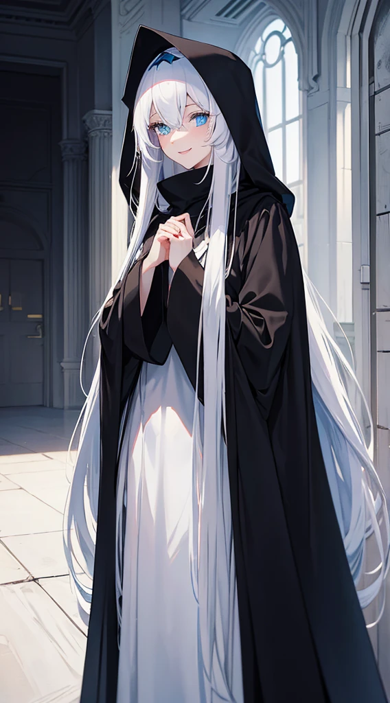 Cover magazine, anime. A young woman with long white hair and blue eyes. Wearing all black clothes. Wearing a long black robe and a hood covering her head. A mysterious impression. She was smiling brightly.