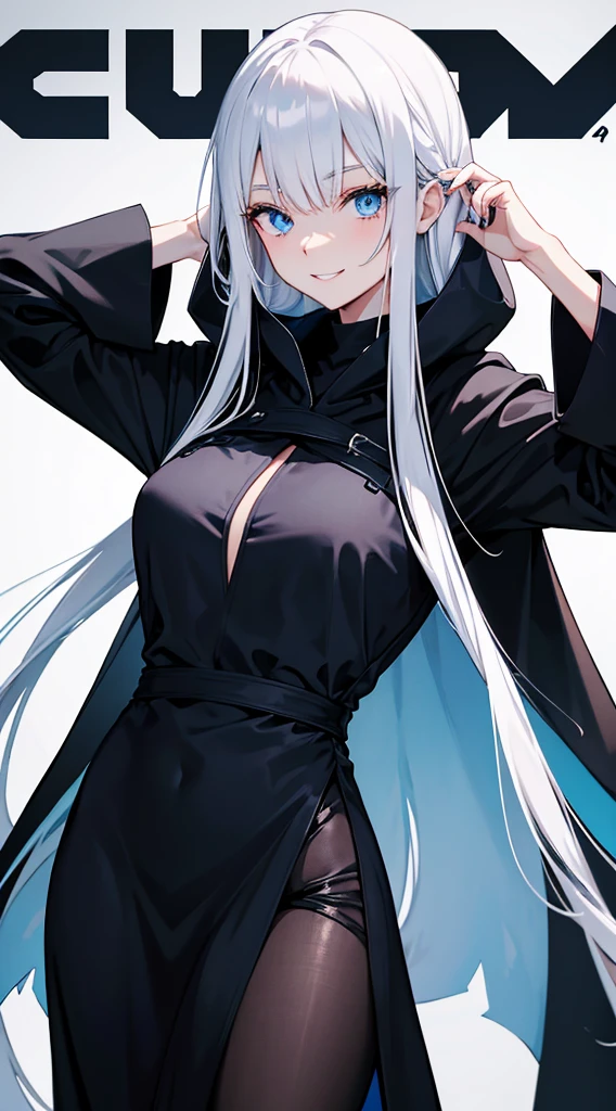 Cover magazine, anime. A young woman with long white hair and blue eyes. Wearing all black clothes. Wearing a long black robe and a hood covering her head. A mysterious impression. She was smiling brightly.