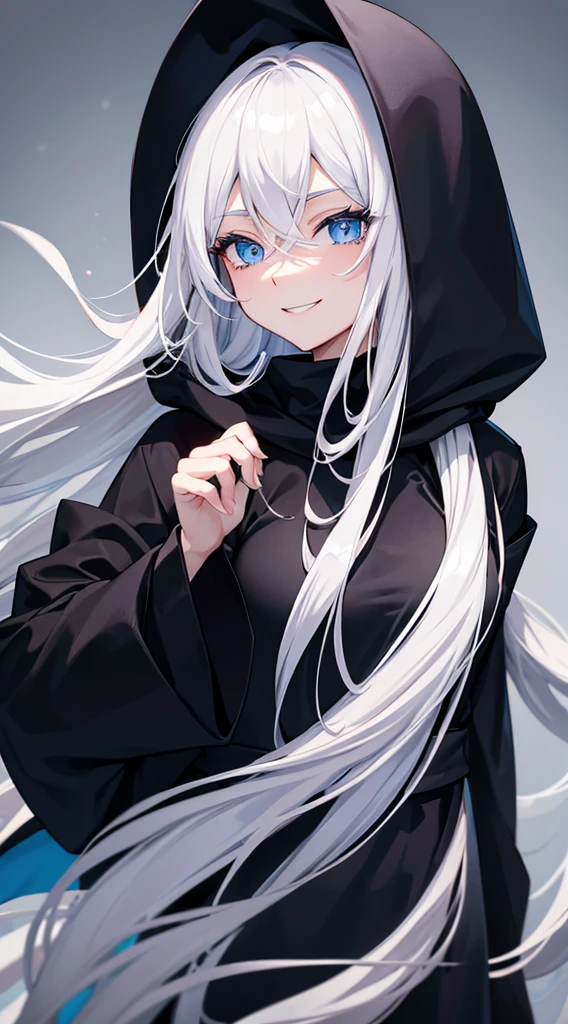 Cover magazine, anime. A young woman with long white hair and blue eyes. Wearing all black clothes. Wearing a long black robe and a hood covering her head. A mysterious impression. She was smiling brightly.