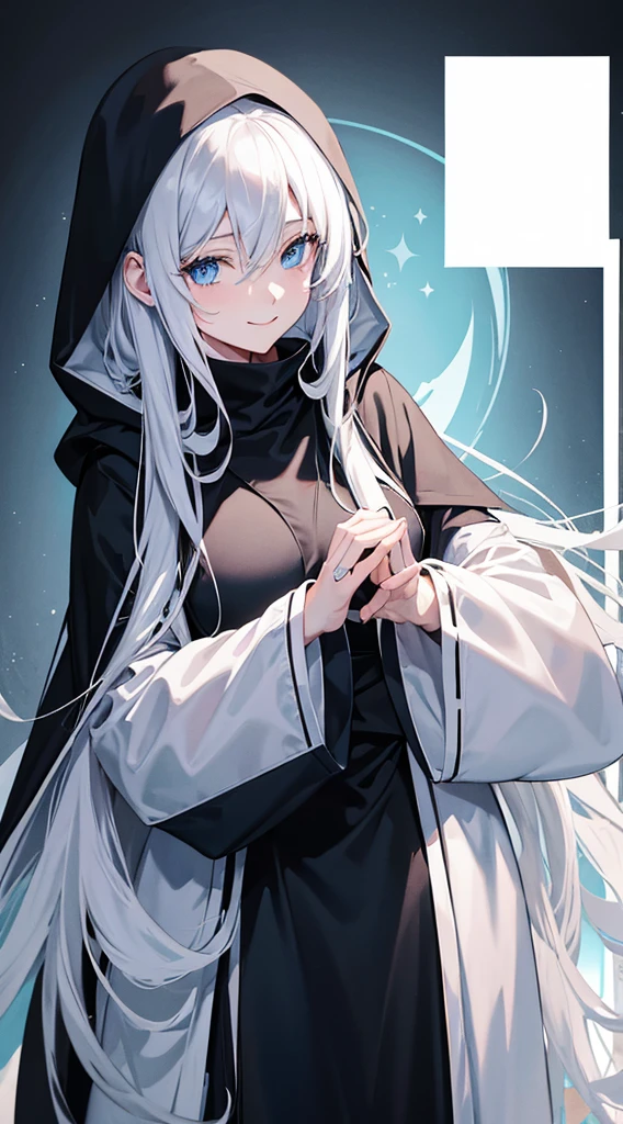 Cover magazine, anime. A young woman with long white hair and blue eyes. Wearing all black clothes. Wearing a long black robe and a hood covering her head. A mysterious impression. She was smiling brightly.