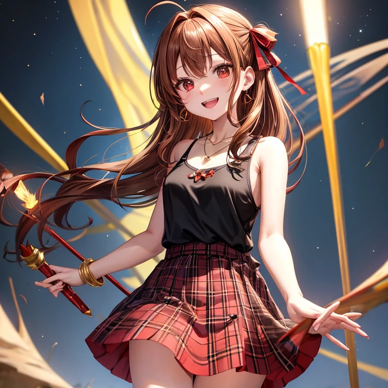 reddish-brown golden hair、red eyes、one good looking girl、solo、anime、plaid mini skirt、black camisole、black t-shirt、dress、wearing a ribbon、ribbon at waist、crystal earrings、jewelry necklace、Light and shadow、tilting one's face、teeth are visible、pillar、torches、evil looking face、Kuroko、Den-den drum、grassland