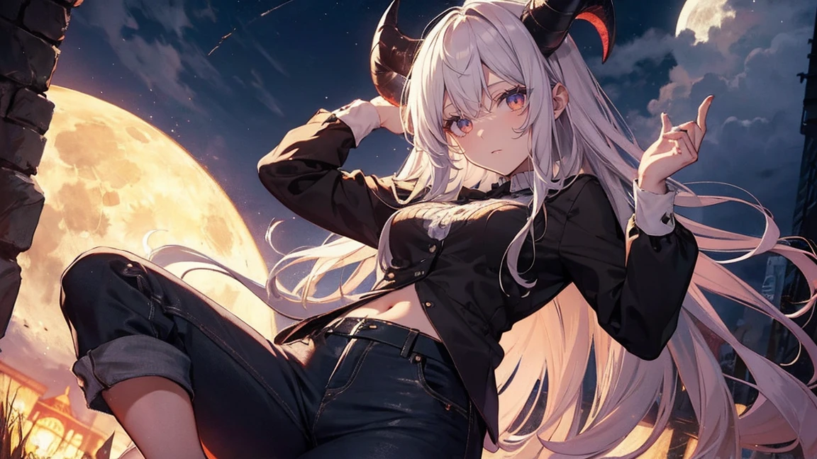 devil&#39;s horns,night,big moon,masterpiece,best image quality,,I can see a little of your pants