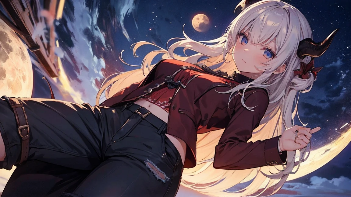 devil&#39;s horns,night,big moon,masterpiece,best image quality,,I can see a little of your pants