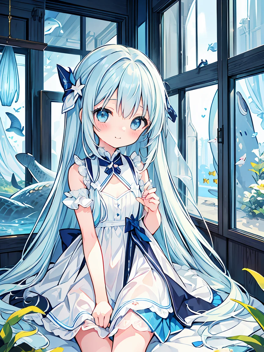 masterpiece, best quality, extremely detailed, (illustration, official art: 1.1), 1 girl, (((light blue long hair))), light blue hair, 10 years old, long hair ((blush)), cute face, big eyes, masterpiece, best quality, (((a very delicate and beautiful girl))))), amazing, beautiful detailed eyes, blunt bangs ((((little delicate girl)))), tareme (true beautiful: 1.2),
(masterpiece)+,(best quality)++,(best quality), (ultra-detailed), (llustration), (detailed light), (an extremely delicate and beautiful), 1young girl, long hair, (smile slightly, Innocent and cute expression), model, Enchanting, Sublime, Ethereal, fantastic, extremely detailed CG unified 8k wallpaper, High-definition raw color photos, professional photography, (Bokeh), indoors, (aquarium), whale shark, shark, small fish, napoleon fish, Backlighting, depth of fields,