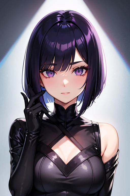 Anime-style portrait of a girl with a dark violet bob cut making eye contact with the camera, bright eyes, baby-faced, subtle smile, minimalistic background to emphasize character, high contrast, clean lines, digital painting, vivid colors, The girl wears her hair in a bob cut, cut at the jawline. Her hair is dark purple and her fringes are parted just in the middle of her forehead, barely peeking over her eyebrows. Other short hair frames the face on either side of the fringe, reaching just above the eyes, and the hair on the sides is clipped above the ears. The hair on top has slight volume and forms an overall rounded silhouette. The texture of the hair is smooth, shiny and lively. The ends of the hair are lightly styled inwards.