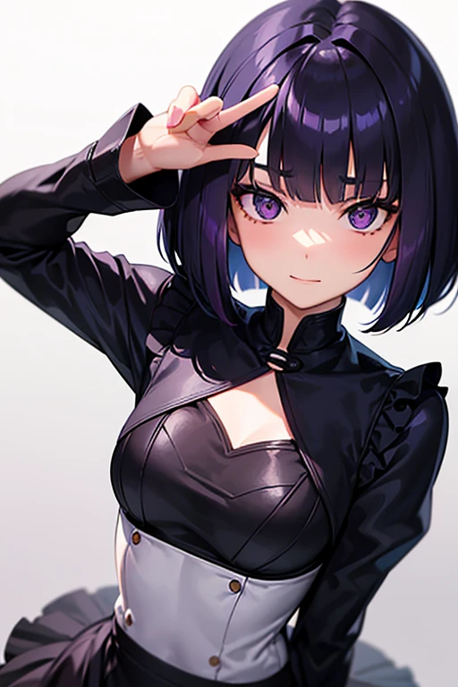 Anime-style portrait of a girl with a dark violet bob cut making eye contact with the camera, bright eyes, baby-faced, subtle smile, minimalistic background to emphasize character, high contrast, clean lines, digital painting, vivid colors, The girl wears her hair in a bob cut, cut at the jawline. Her hair is dark purple and her fringes are parted just in the middle of her forehead, barely peeking over her eyebrows. Other short hair frames the face on either side of the fringe, reaching just above the eyes, and the hair on the sides is clipped above the ears. The hair on top has slight volume and forms an overall rounded silhouette. The texture of the hair is smooth, shiny and lively. The ends of the hair are lightly styled inwards.
