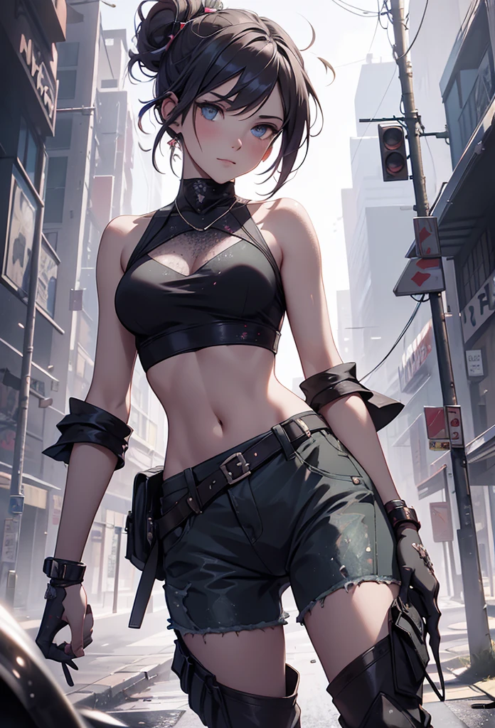 samdoesarts; award winning half body portrait of a beautiful woman in a croptop and cargo pants, military boots, standing on the street faint smile, paint splashes, hair in a bun, splatter, outrun, vaporware, digital art, trending on artstation, highly detailed, fine detail, intricate by Jeremy Mann, matth�us merian the elder, Pino Daeni, robert rauschenber, by beksinski