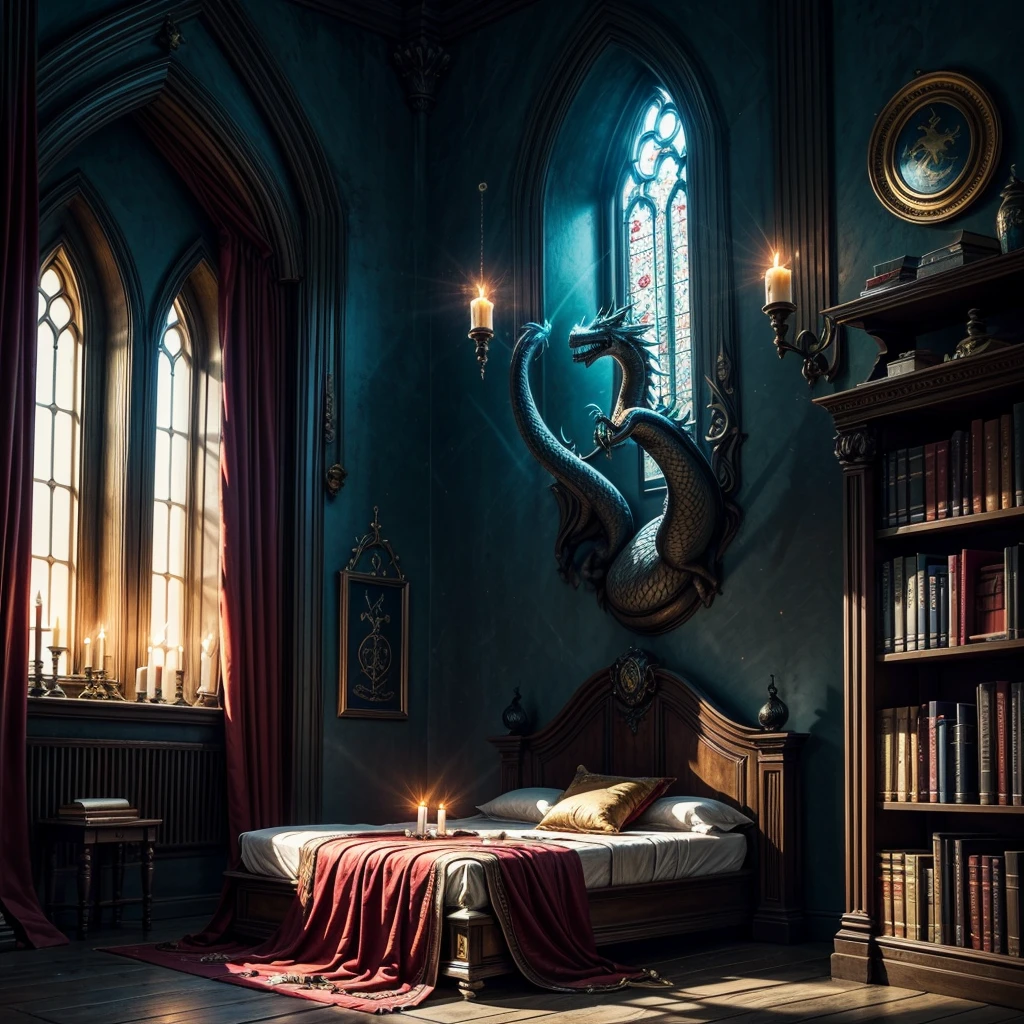 wizard chamber interior, wizard bed room with warm colours and red curtains and one big window on the back, glowing magical weapons at the wall, , a dragon head hanging on the wall, magical flask, blue afternoon light shining through medieval window in to the room, fantasy room, wizard study room, weapons at the wall, magical book shelfs, fantasy painting, fantasy colouring, mystic magic athmosphere, glowing objects and candles, glowing particles
