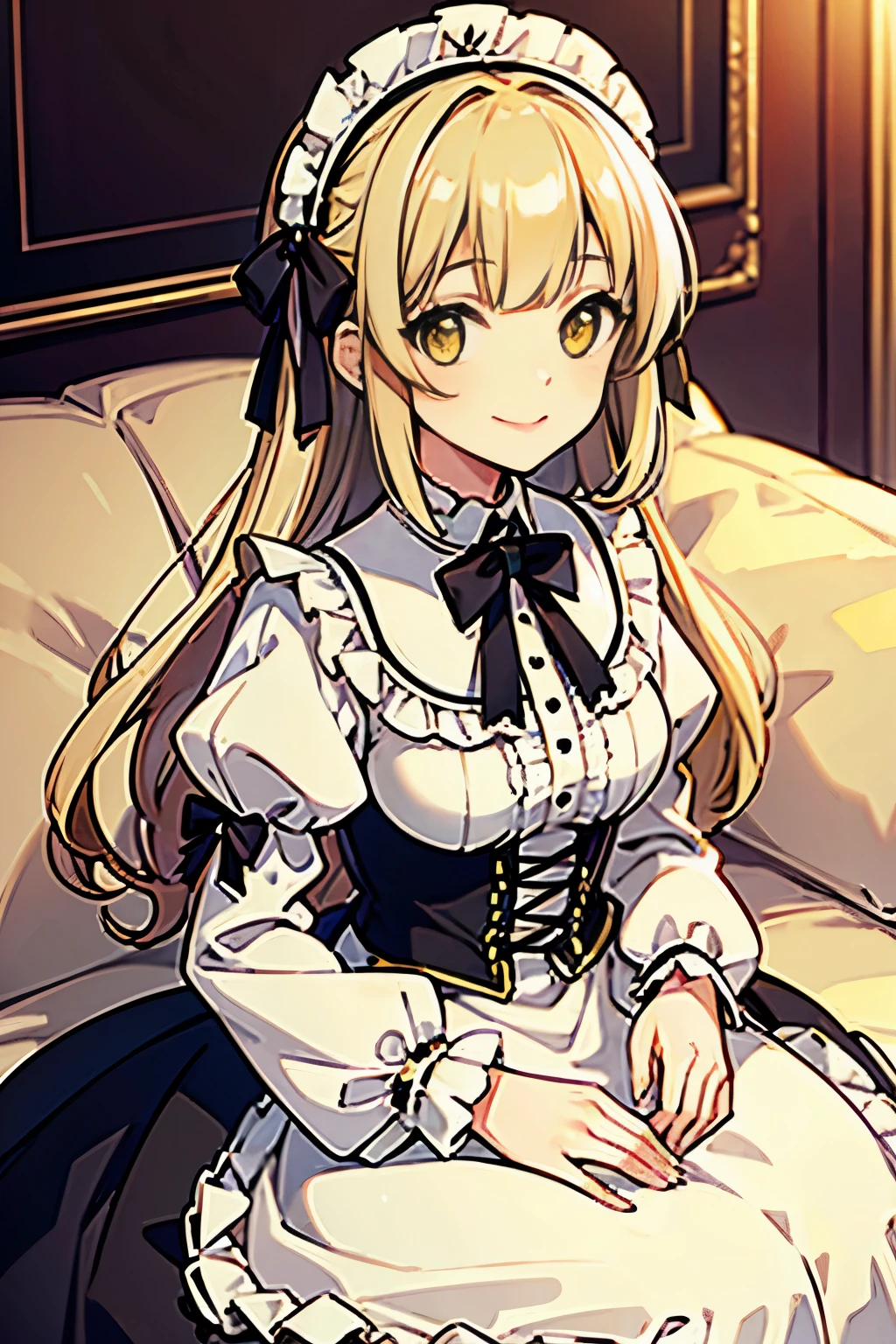 Masterpiece, high quality, extra detail, 1 girl, clear, smile, shiny, happy, beige hair, light yellow big eyes, Lolita fashion