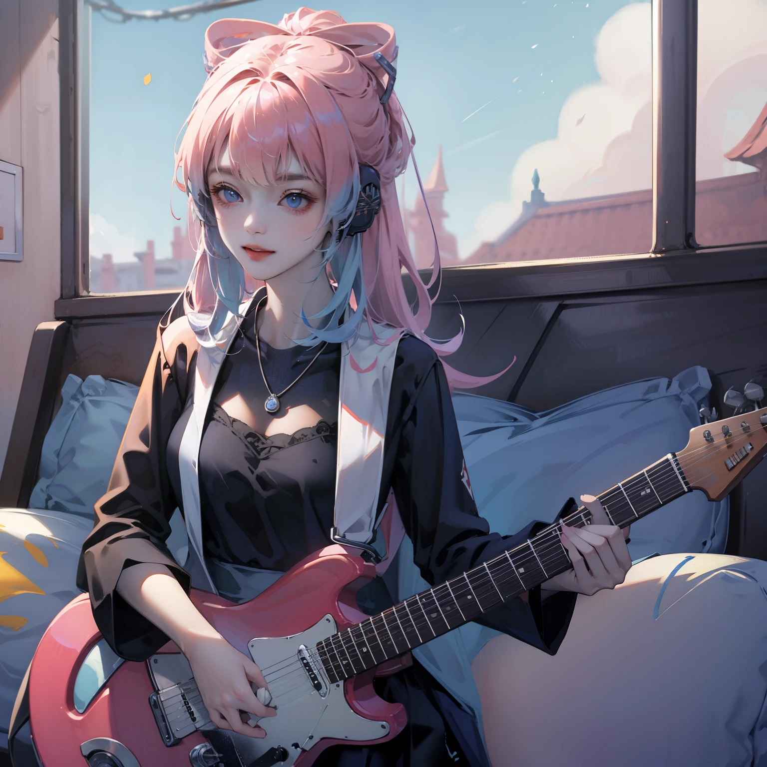 ((masterpiece, best quality))1 girl, alone, black skirt, blue eyes, electric Guitar, Guitar, earphone, Double tail辮, Keep, Keep plectrum, musical instrument, long hair, music, one side up, cyan hair, Double tail, 弹Guitar, pleated skirt, Black shirt, Internal