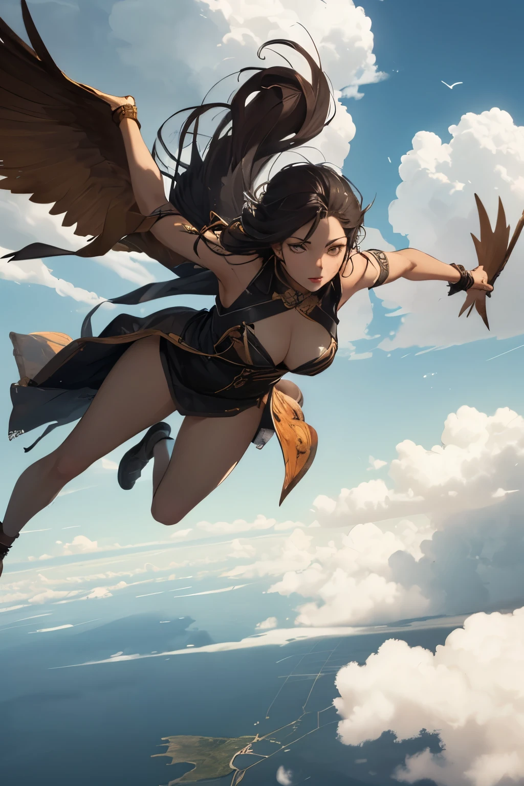 A demigod, 1girl, flying through the clouds, Manwha.