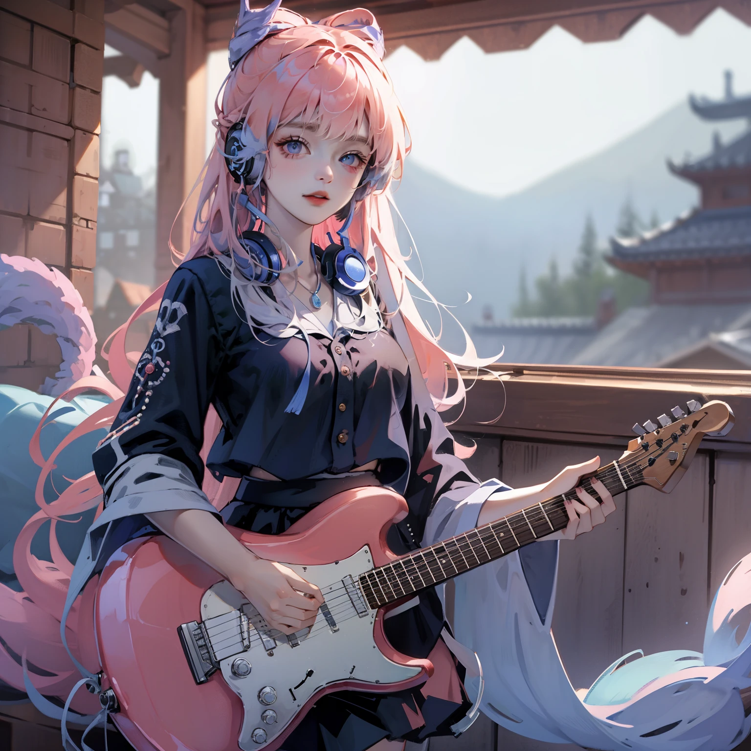 ((masterpiece, best quality))1 girl, alone, black skirt, blue eyes, electric Guitar, Guitar, earphone, Double tail辮, Keep, Keep plectrum, musical instrument, long hair, music, one side up, cyan hair, Double tail, 弹Guitar, pleated skirt, Black shirt, Internal
